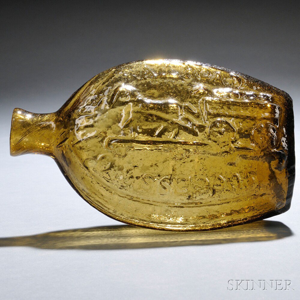 Appraisal: Golden Amber Blown-molded Success to the Railroad Historical Glass Flask