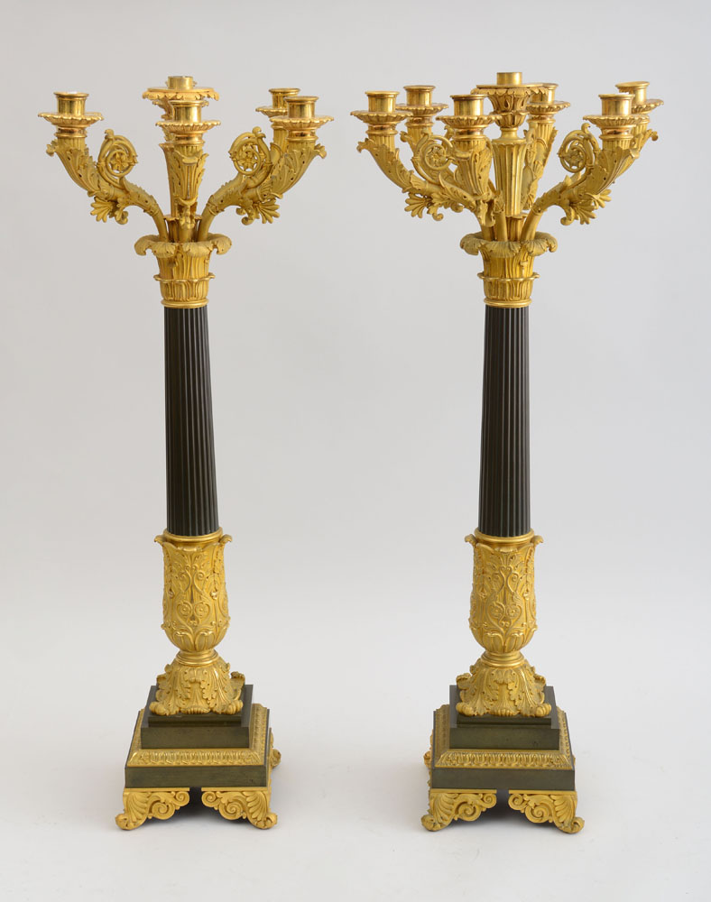 Appraisal: PAIR OF CHARLES X GILT AND PATINATED BRONZE SEVEN-LIGHT CANDELABRA