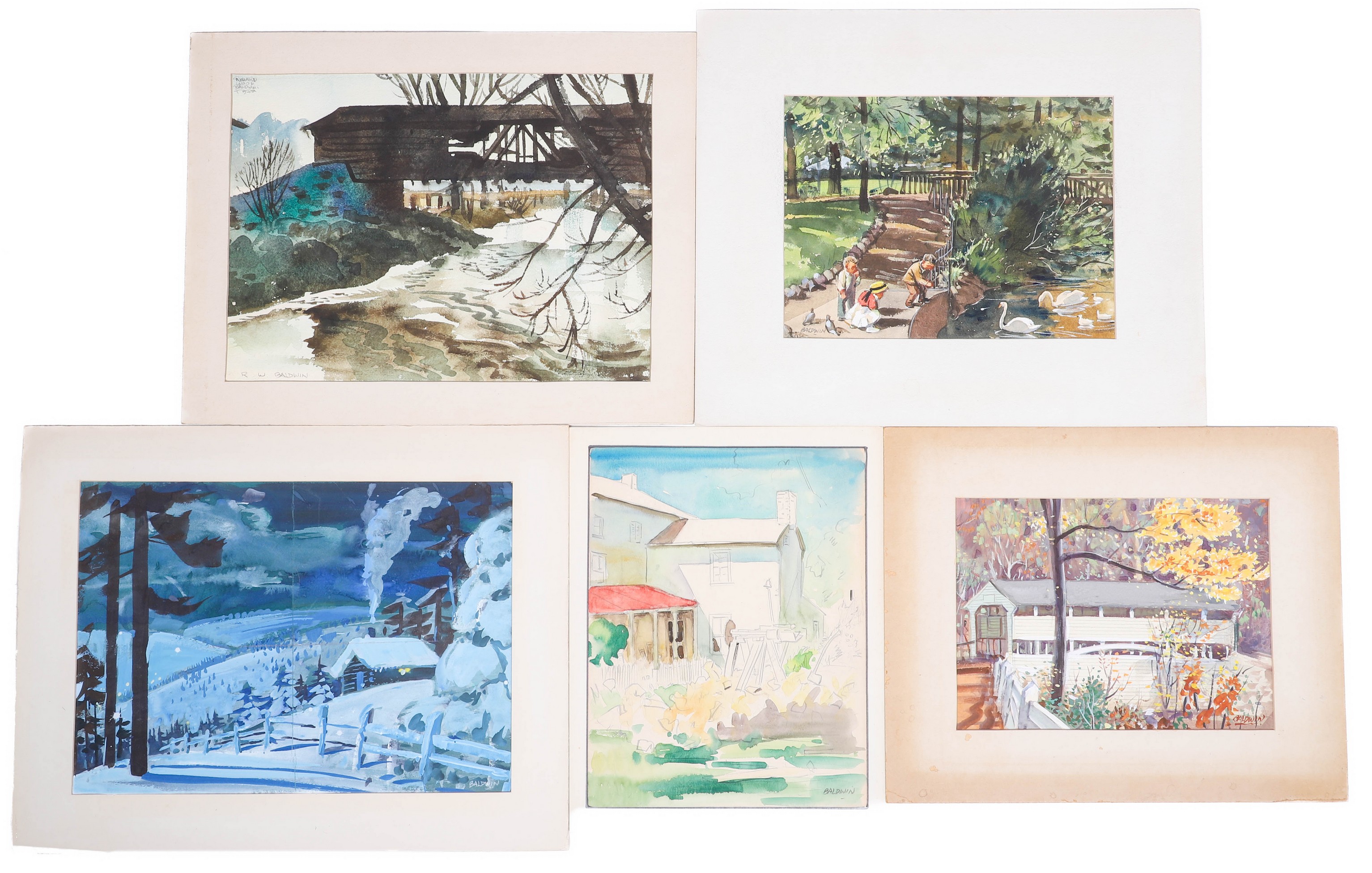 Appraisal: Richard Wood Baldwin American - Watercolors covered bridges feeding swans