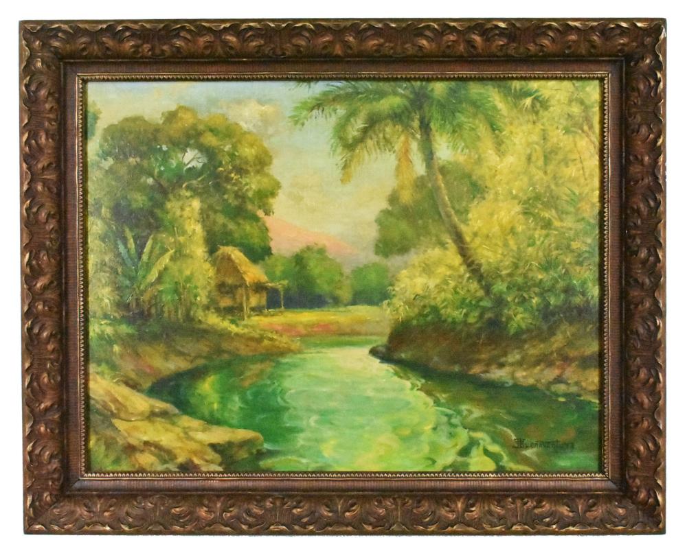 Appraisal: PHILLIPINO SCHOOL th Century River Landscape with Cottage and Palms