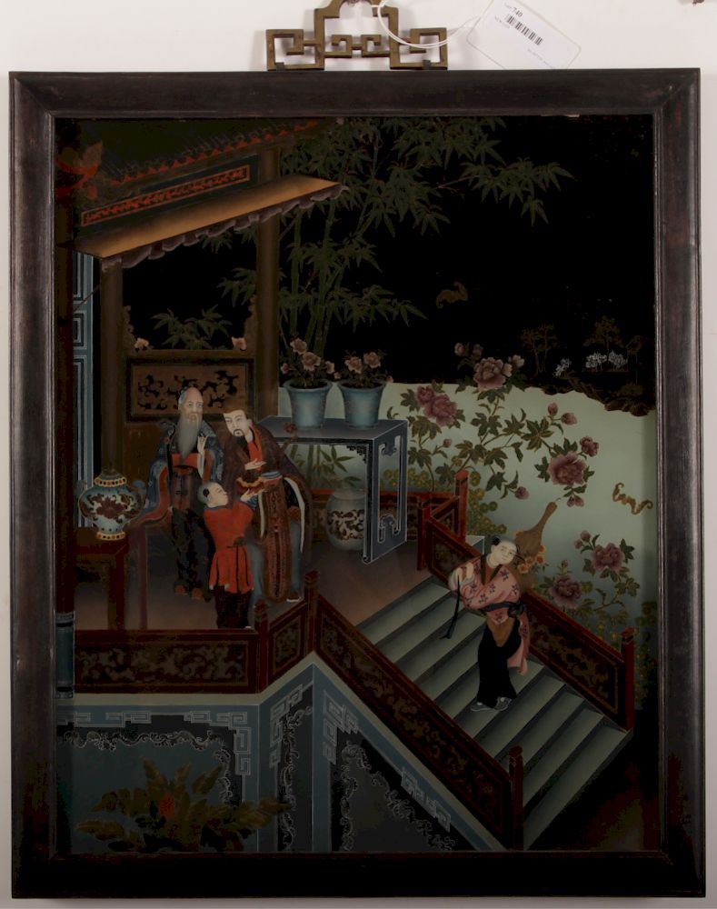 Appraisal: Chinese Reverse Painting on Glass Depicting figures on a veranda