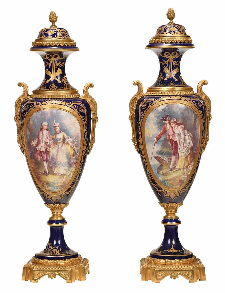 Appraisal: Pair of Sevres Bronze Mounted Porcelain Urns French late th