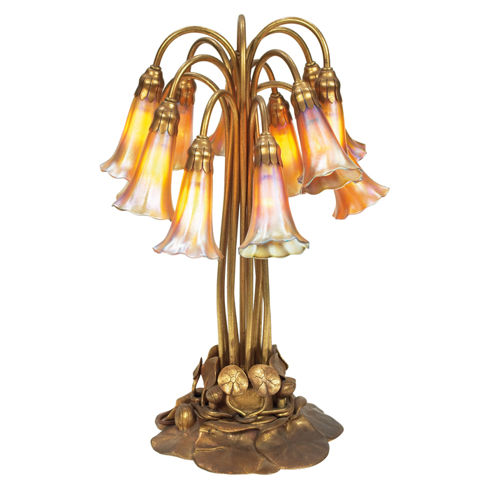 Appraisal: Tiffany Studios twelve-light lily lamp twelve favrile glass lily shades