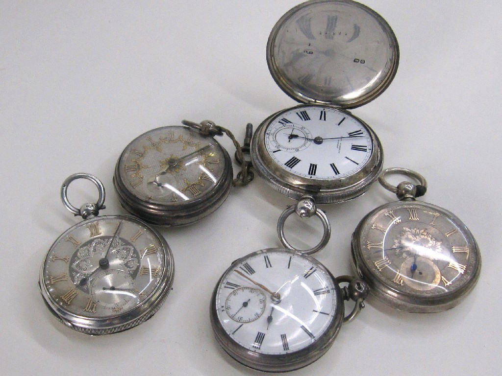 Appraisal: Lot comprising five silver pocket watches including one by John