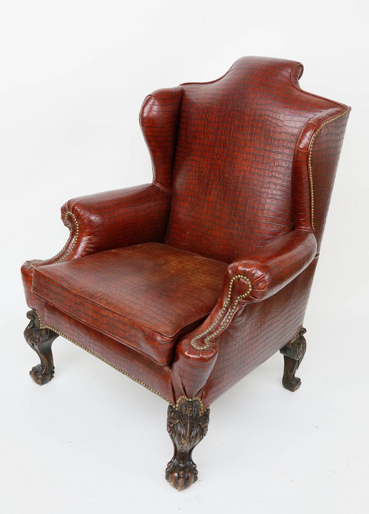 Appraisal: Faux Alligator Upholstered Chippendale Style Wing Chair th Century Contemporary