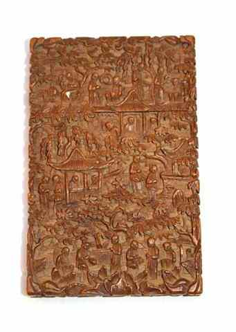 Appraisal: A CHINESE CARVED WOODEN CARD CASE with intricate figure decoration