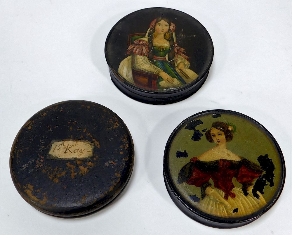 Appraisal: Antique European Painted Lady Snuff Boxes Antique European Painted Lady