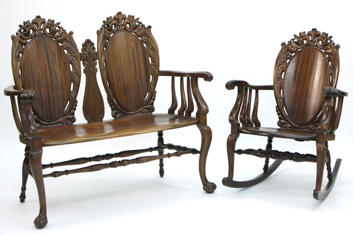 Appraisal: LATE VICTORIAN MAHOGANY DOUBLE CHAIR-BACK SETTEE AND MATCHING ROCKER American