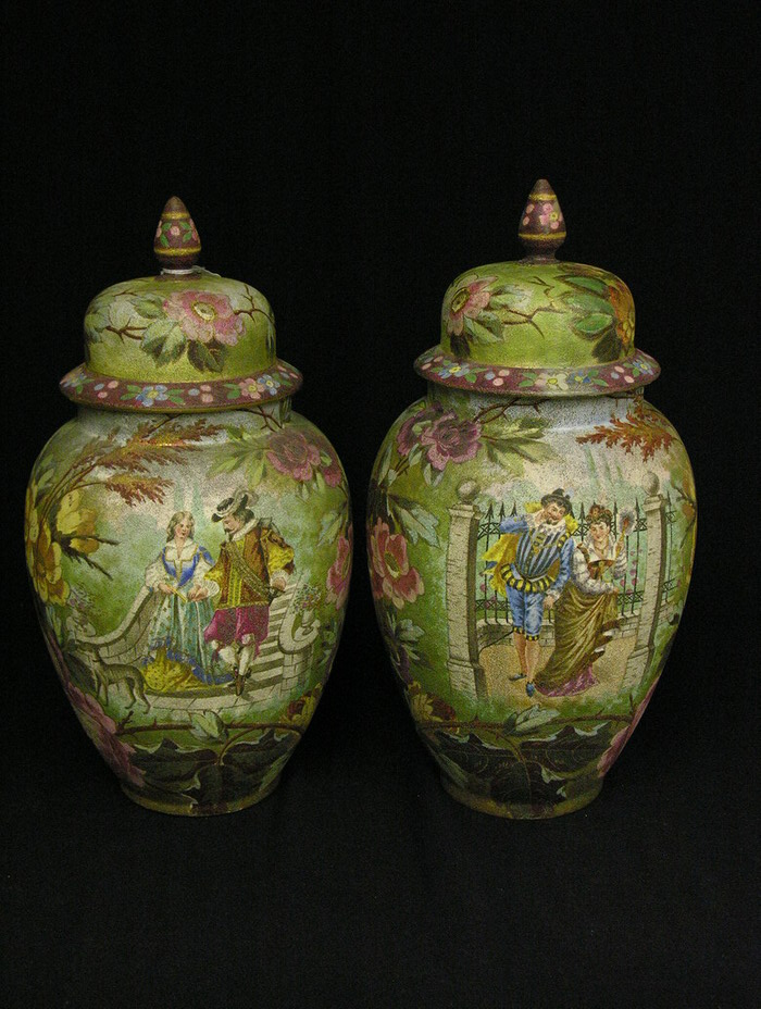 Appraisal: PAIR BONN HAND PAINTED TEXTURED GINGER JARS F A Mehlem