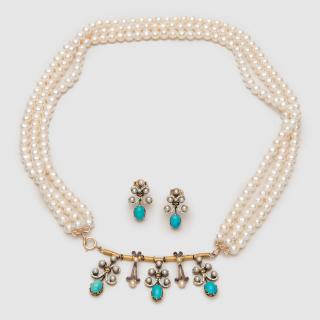 Appraisal: K Yellow Gold Turquoise Pearl and Enamel Necklace and Earrings