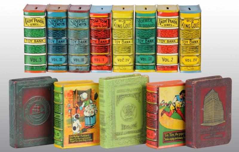 Appraisal: Lot of Tin Book Toy Banks Description Eight are nicely