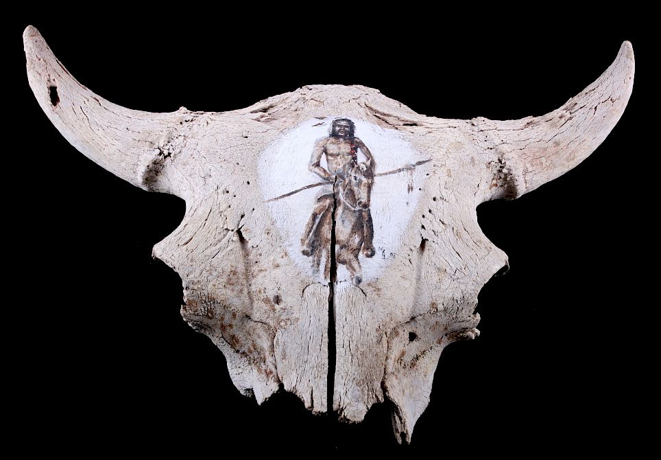 Appraisal: Large Buffalo Skull With Native American Motif Featured in this