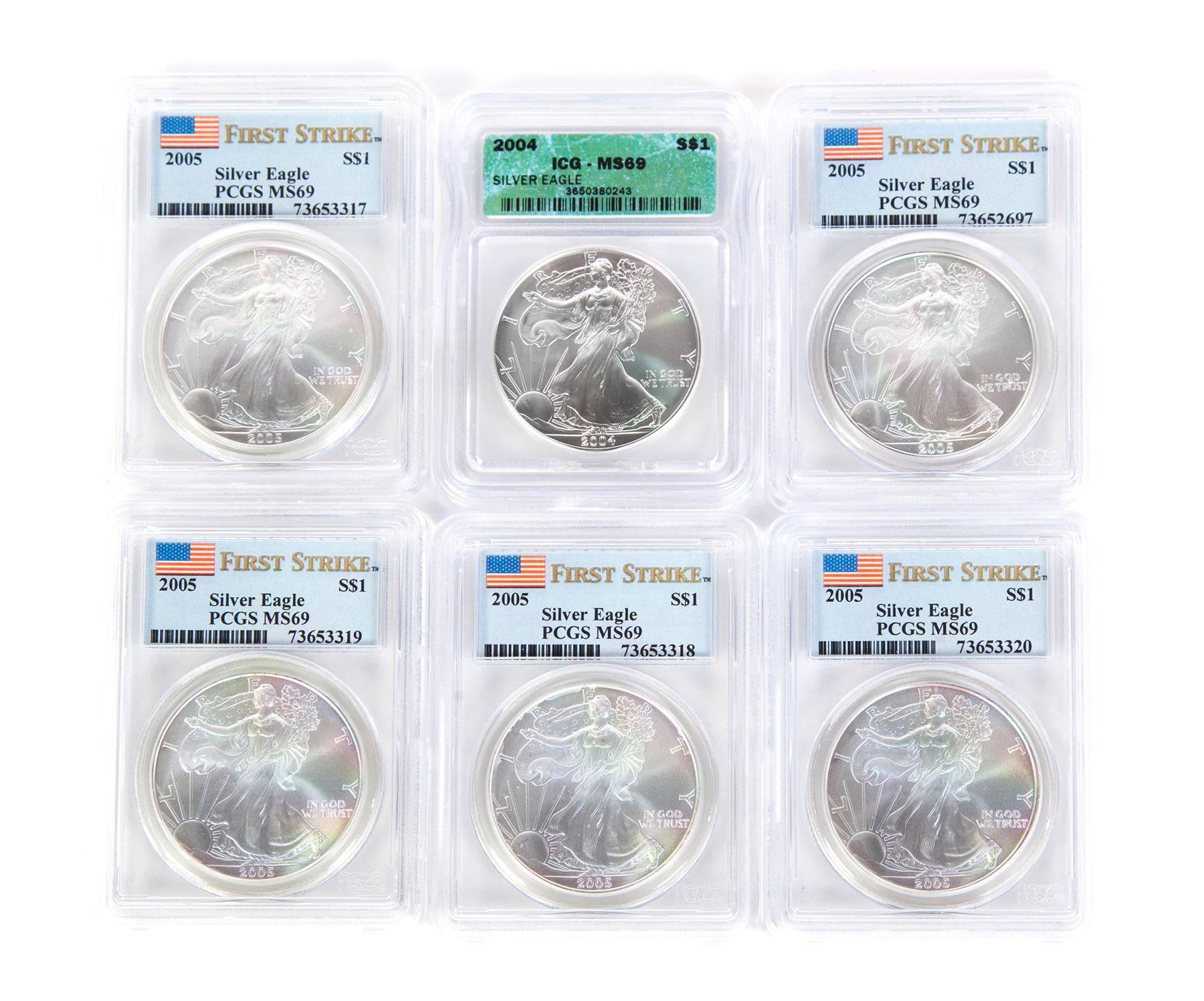 Appraisal: SIX AMERICAN SILVER EAGLES Five First Strike MS One ICG