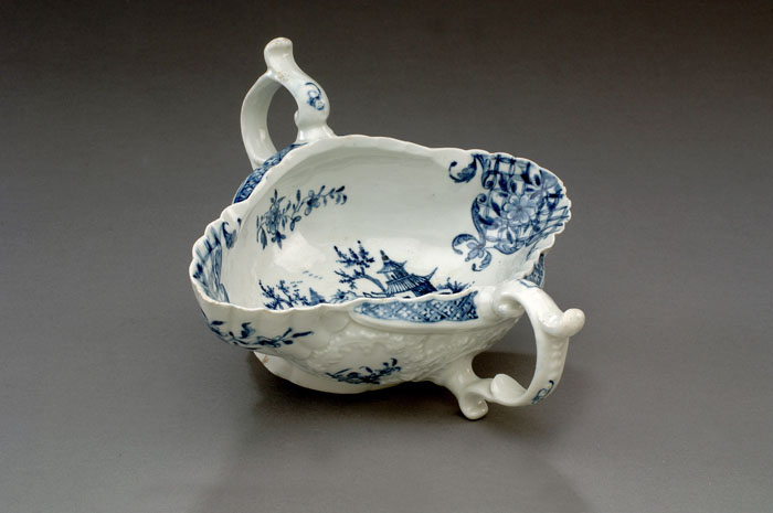 Appraisal: WORCESTER PORCELAIN BLUE AND WHITE 'TWO- HANDLED SAUCEBOAT LANDSCAPE' PATTERN