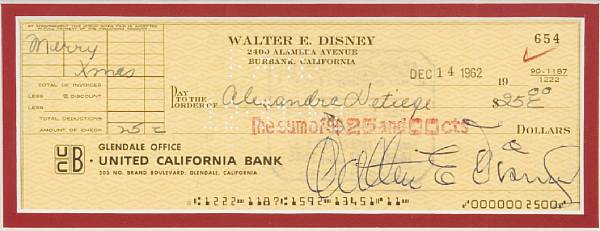 Appraisal: A Walt Disney signed check dated December matted and framed