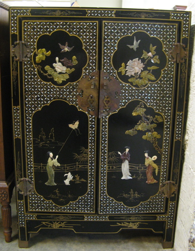 Appraisal: CHINESE SIDE CABINET of black lacquered wood construction the double