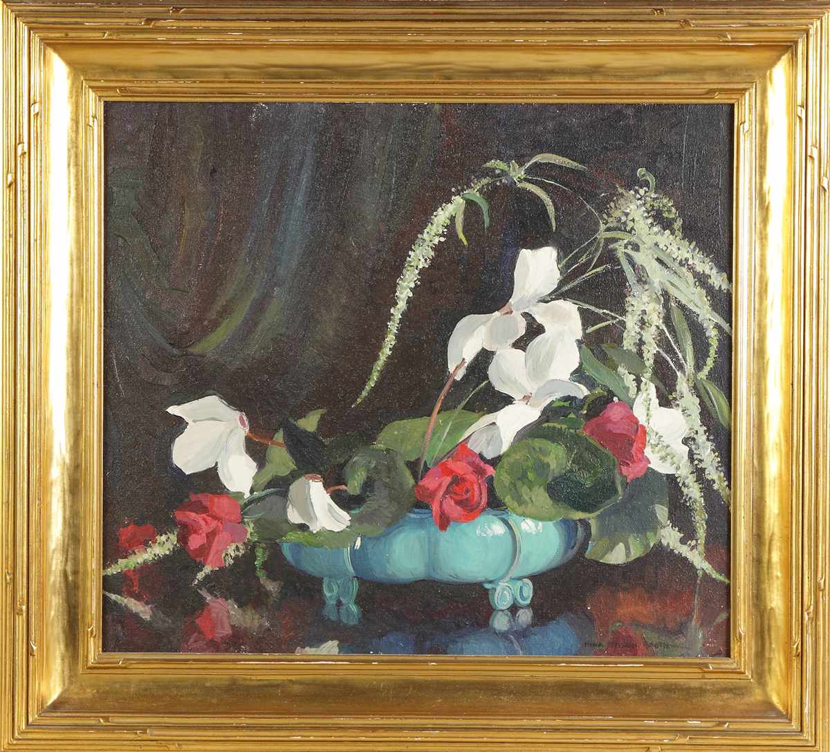 Appraisal: Nina Mason Booth American - Floral still life w blue