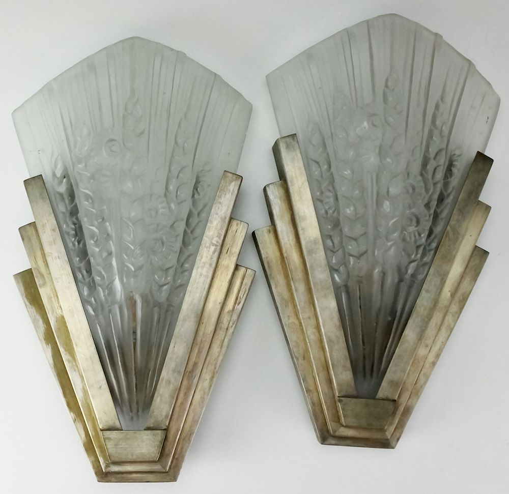 Appraisal: Pair French Art Deco Floral Wheat Glass Sconces Pair of