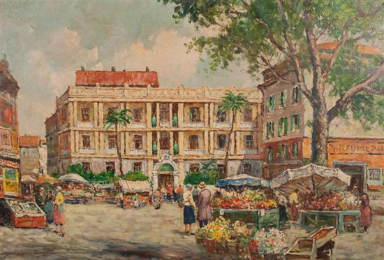 Appraisal: Dennis Ainsley American - Paris Flower Market oil on canvas