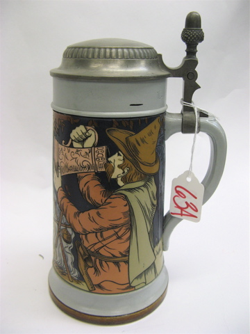 Appraisal: METTLACH GERMAN BEER STEIN one liter no Etched with fireside