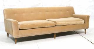 Appraisal: Modernist Tan Velvet Couch Tufted back sofa rais Modernist Tan