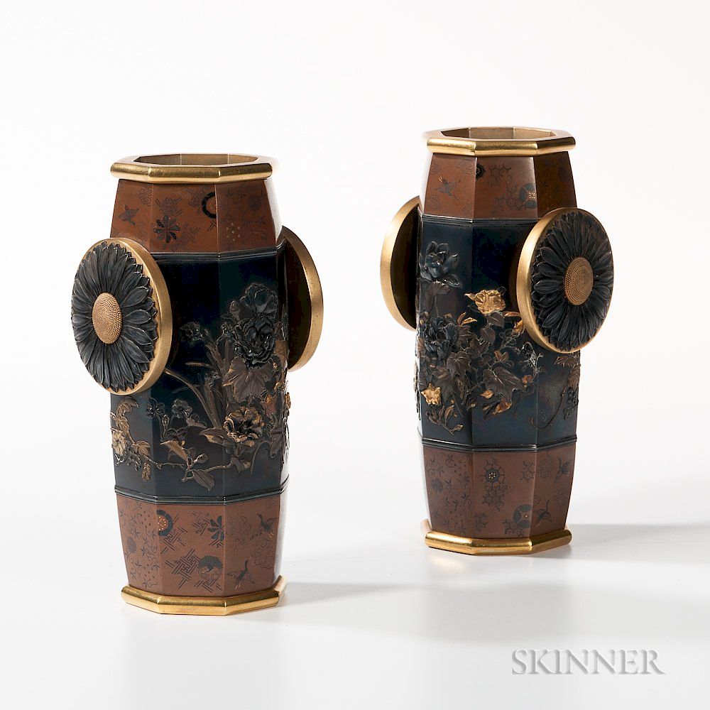 Appraisal: Pair of Mixed Metal Gilt-bronze and Gilt-silver Vases Pair of