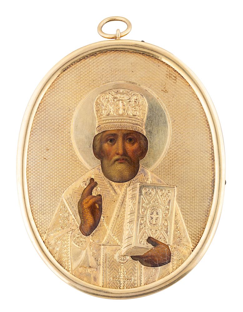 Appraisal: A RUSSIAN TRAVELING ICON OF ST NICHOLAS THE WONDERWORKER WITH