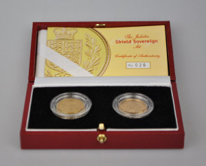 Appraisal: A boxed Royal Mint two-coin Jubilee Shield Sovereign set