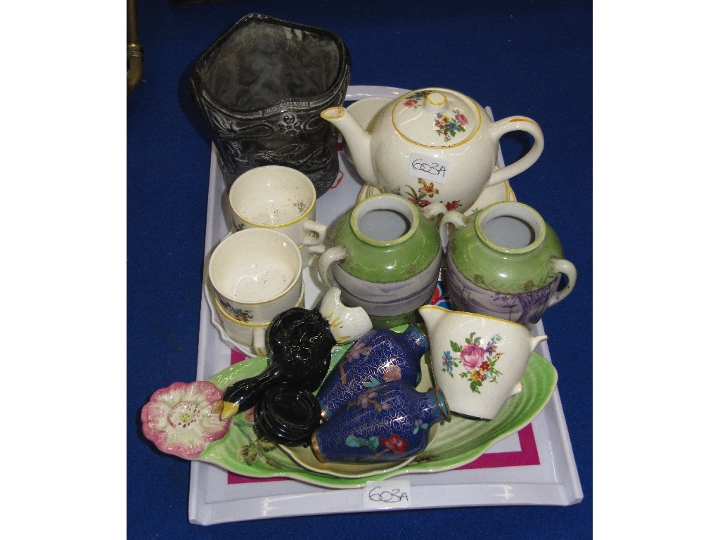 Appraisal: Tray lot comprising small Art Nouveau metal planter childs teaset