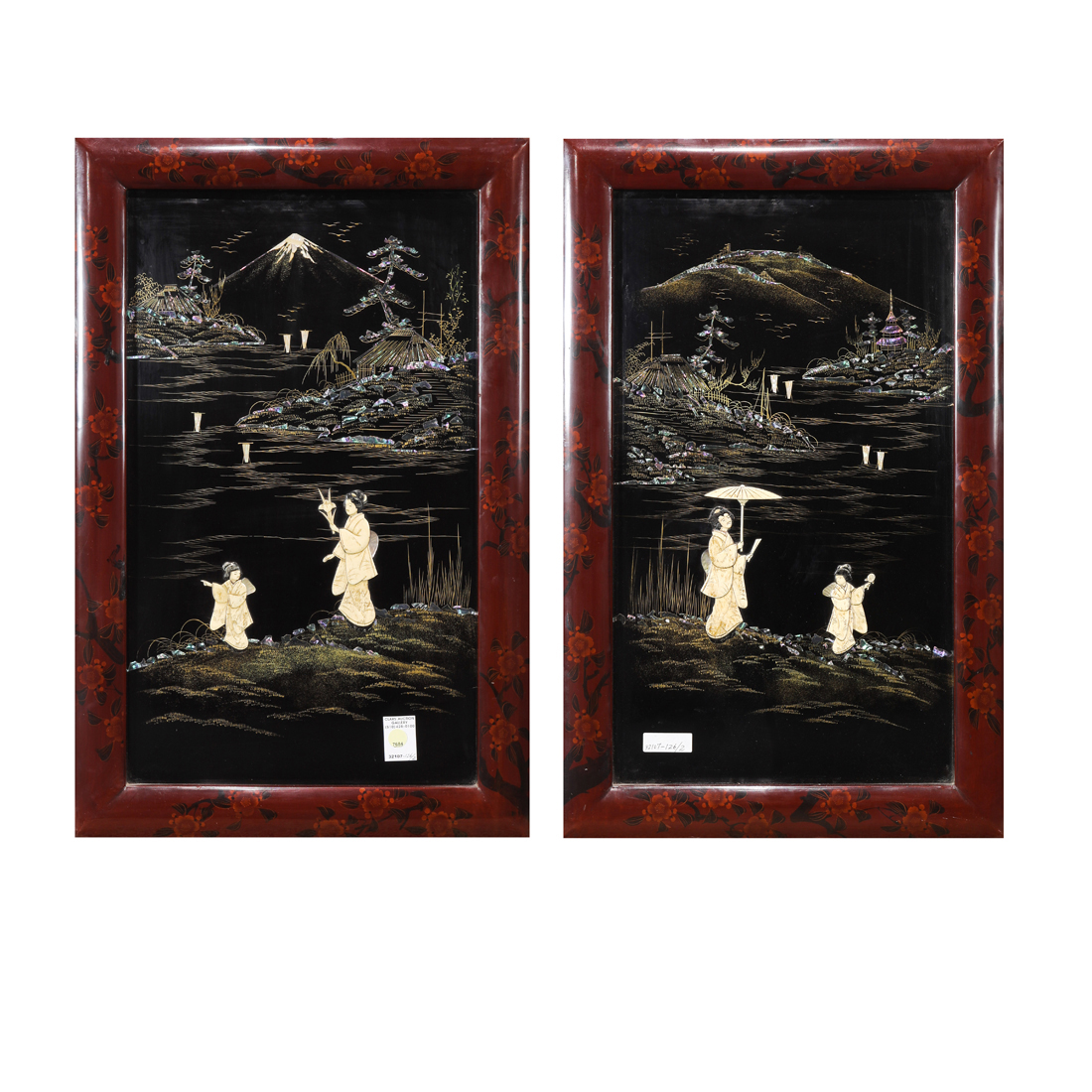 Appraisal: PAIR JAPANESE OF LACQUERED PANELS WITH MOTHER-OF-PEARL INLAY Pair Japanese