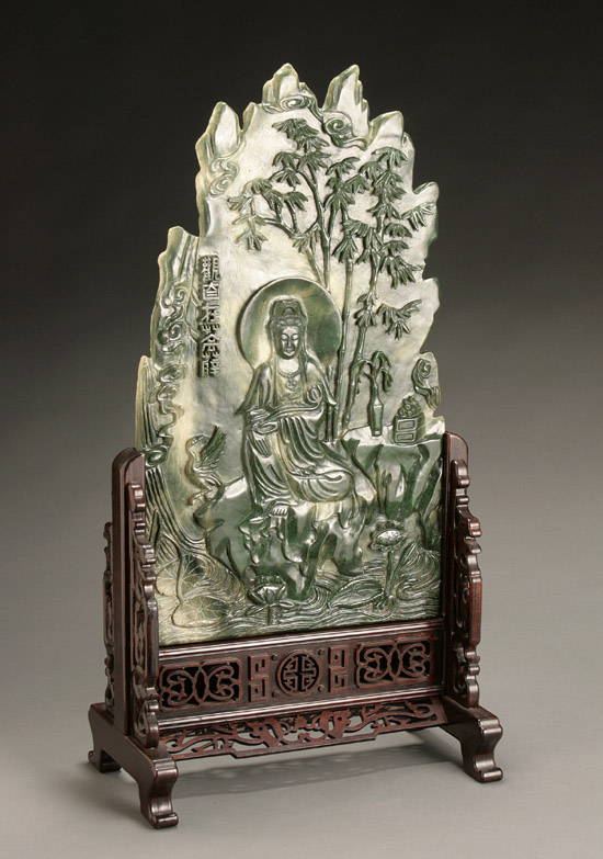 Appraisal: Chinese Mottled Green Jade Table Screen of Guanyin in a