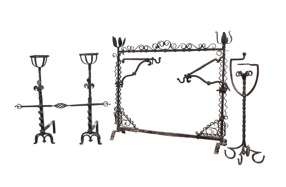 Appraisal: WROUGHT IRON FIRE SETcomprising a fire screen inches wide inches