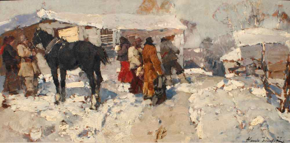 Appraisal: ISSUPOFF Alessio Russian - Russian Winter Village Scene with Horse