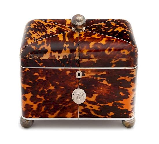 Appraisal: An English Silver Inlaid Tortoise Shell Tea Caddy Height x