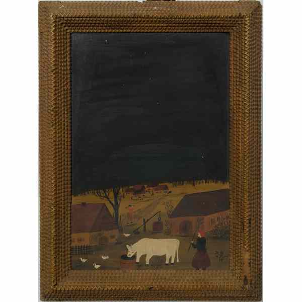 Appraisal: Folk Art Oil Painting of Farm Scene in Tramp Art