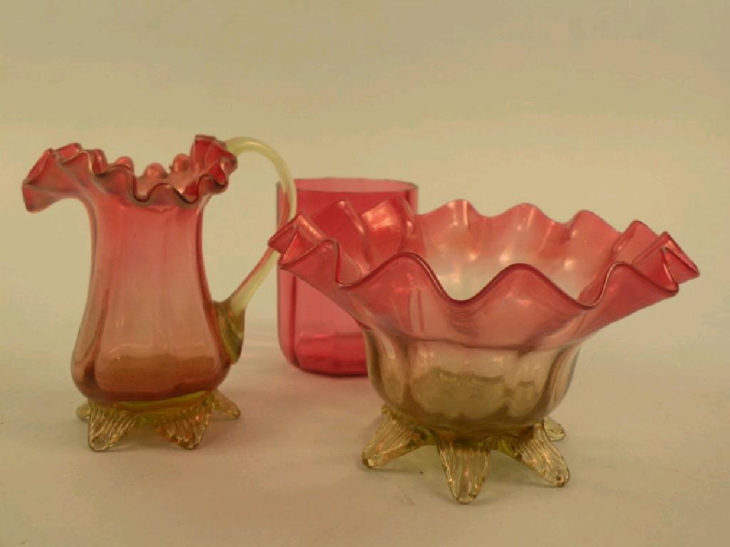 Appraisal: A Victorian cranberry vaseline tinted glass jug a similar bowl