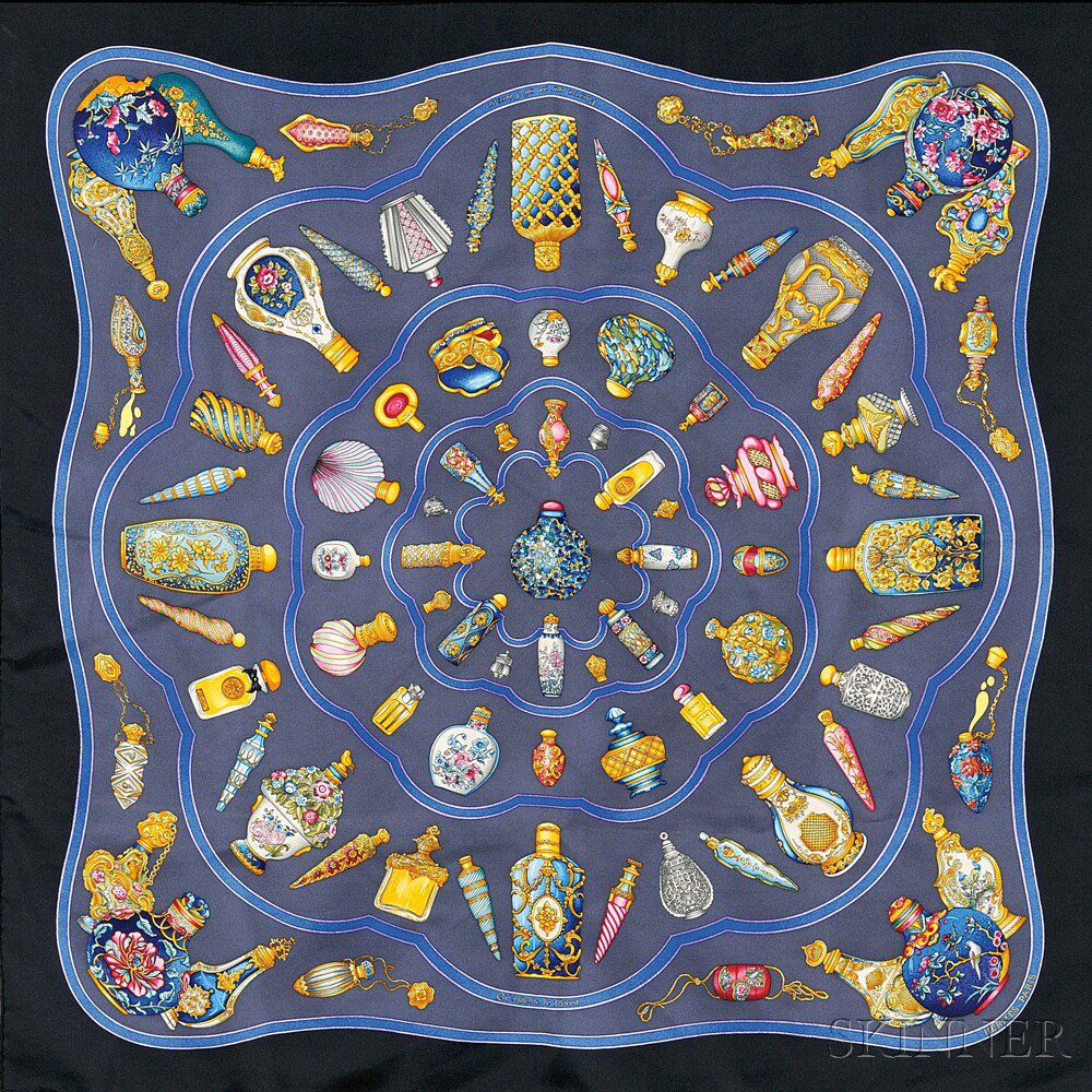 Appraisal: Hermes Qu'Import le Flacon Silk Scarf with multicolored perfume and