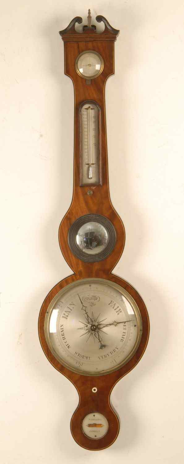 Appraisal: ANTIQUE ENGLISH BANJO BAROMETER th CenturyMaker unknown Mahogany veneer frame