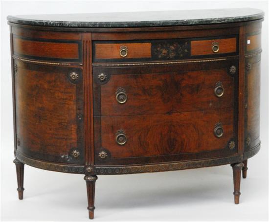 Appraisal: ANTIQUE LOUIS XVI STYLE DEMI-LUNE COMMODE Banded and burled mahogany