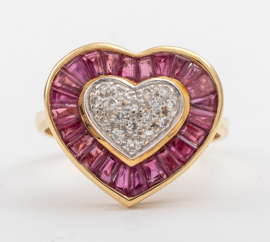 Appraisal: K GOLD RUBY DIAMOND HEART MOTIF RING SIZE K yellow