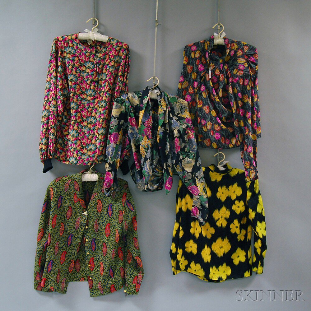 Appraisal: Five Silk Ungaro Blouses with floral and paisley decoration Estimate