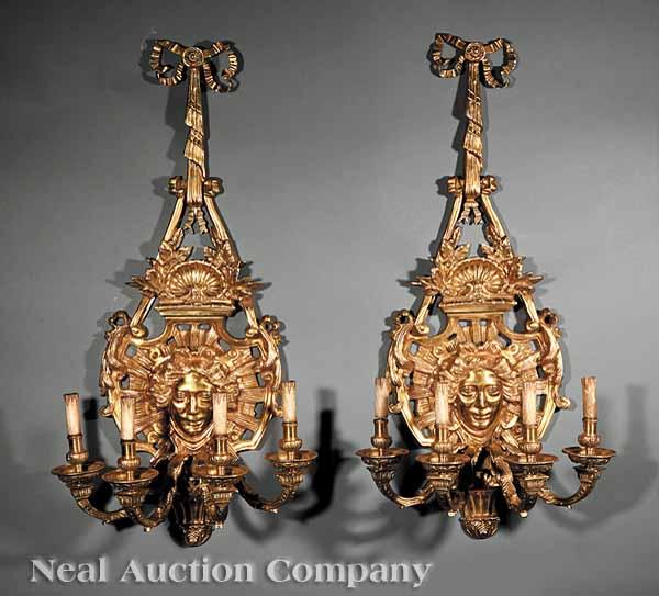 Appraisal: A Pair of R gence-Style Bronze Dor Sconces the beribboned