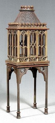 Appraisal: Gothic Revival birdcage on stand parcel gilt wood and wirework