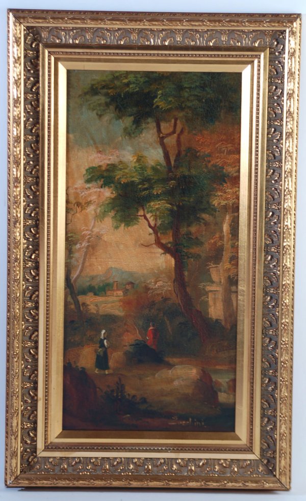 Appraisal: Oil on canvas depicting two peasant women in the forest