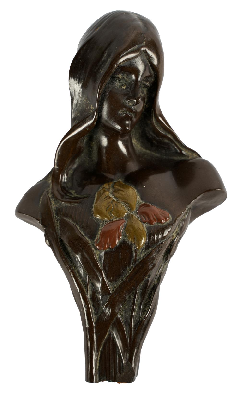 Appraisal: ART NOUVEAU PATINATED BRONZE BUSTunsigned Condition the lower edge jagged