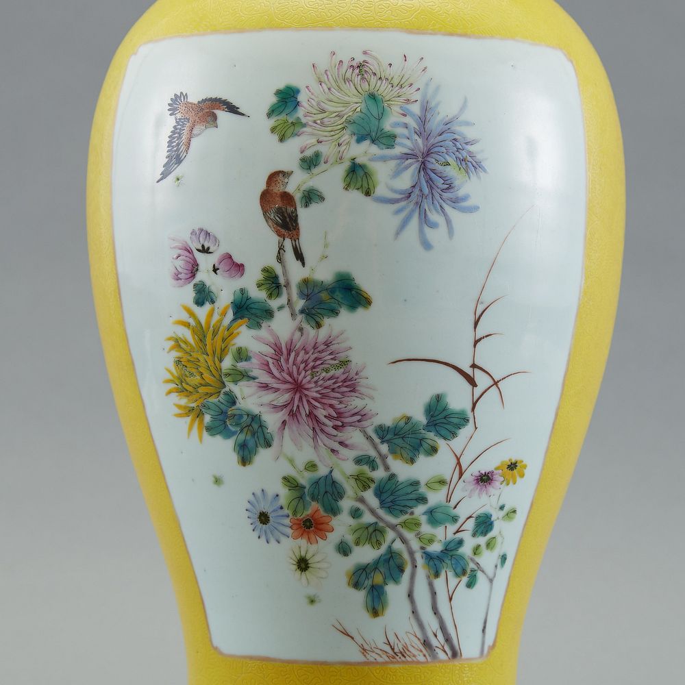 Appraisal: Chinese Yellow Ground Famille Rose Vase Marked A striking th