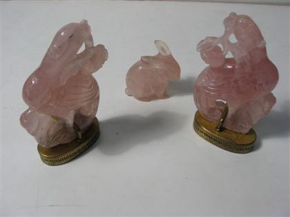 Appraisal: Three Chinese rose quartz table itemsComprised of phoenix bookends together