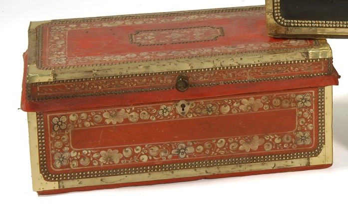 Appraisal: CHINESE LEATHER-BOUND CAMPHOR WOOD TRUNK th CenturyRed leather with painted