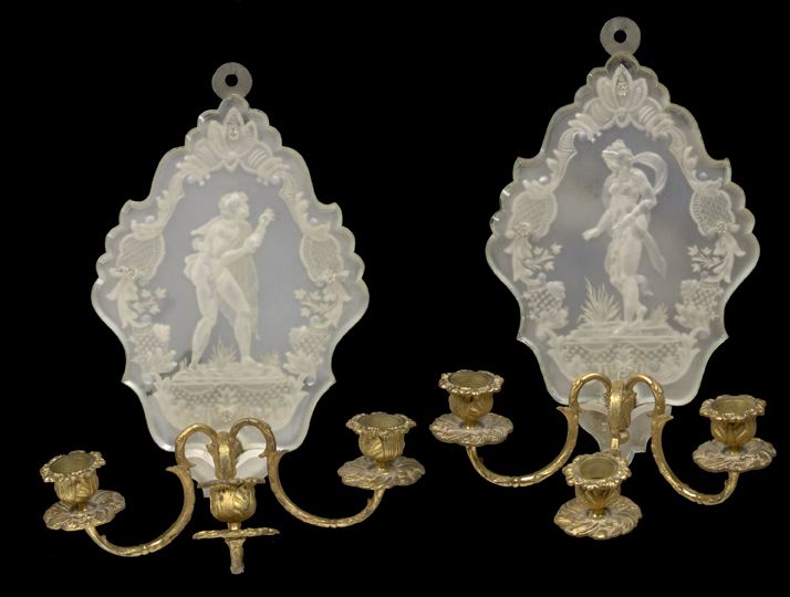 Appraisal: Attractive Pair of German Reverse-Engraved Mirrored Glass and Gilt-Brass Three-Light