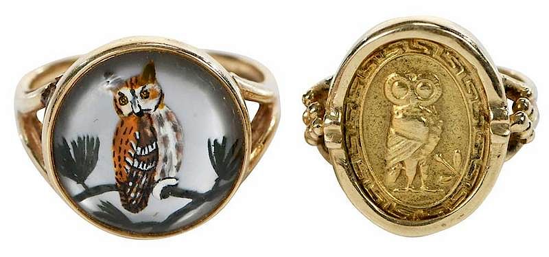 Appraisal: Two kt Owl Rings reverse painted crystal owl stamped K